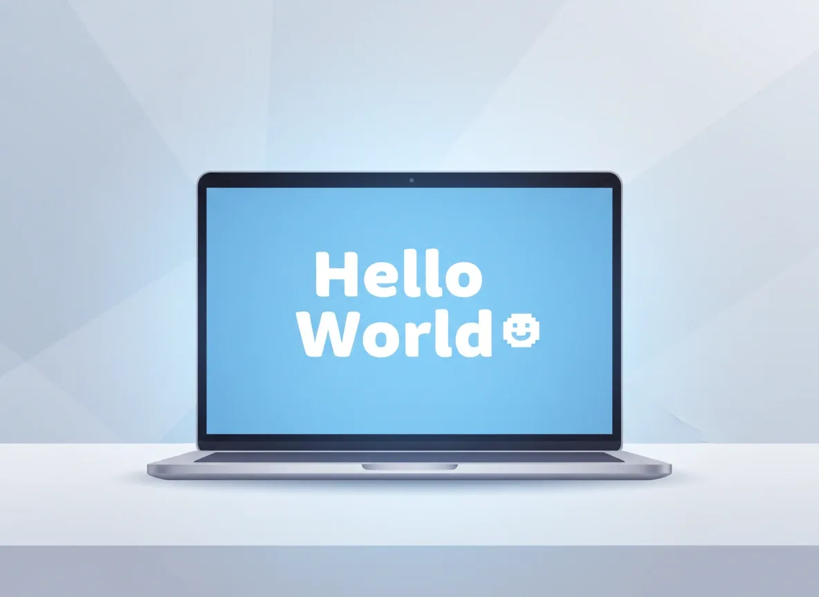 A friendly Hello World illustration on a laptop screen